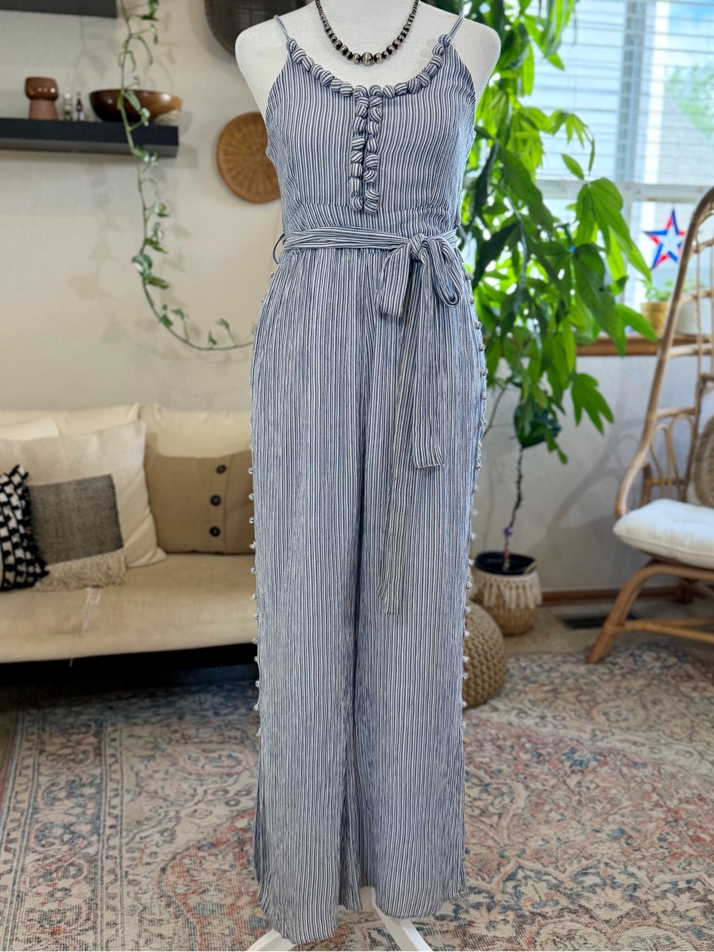 Maeve Anthropologie Romper Women’s 4 Blue/White Striped Summer Wide-Leg Jumpsuit